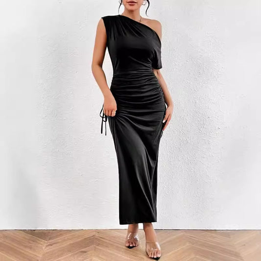 Off-shoulder One-shoulder Slim-fit Pleated Maxi Dress